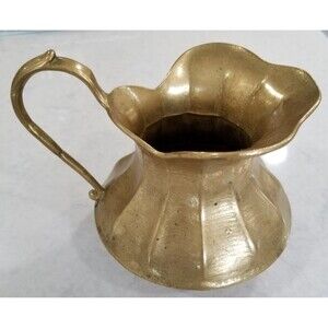 Vintage Brass Pitcher 6” Tall Fluted Body & Scalloped Rim Mid‑Century Decor